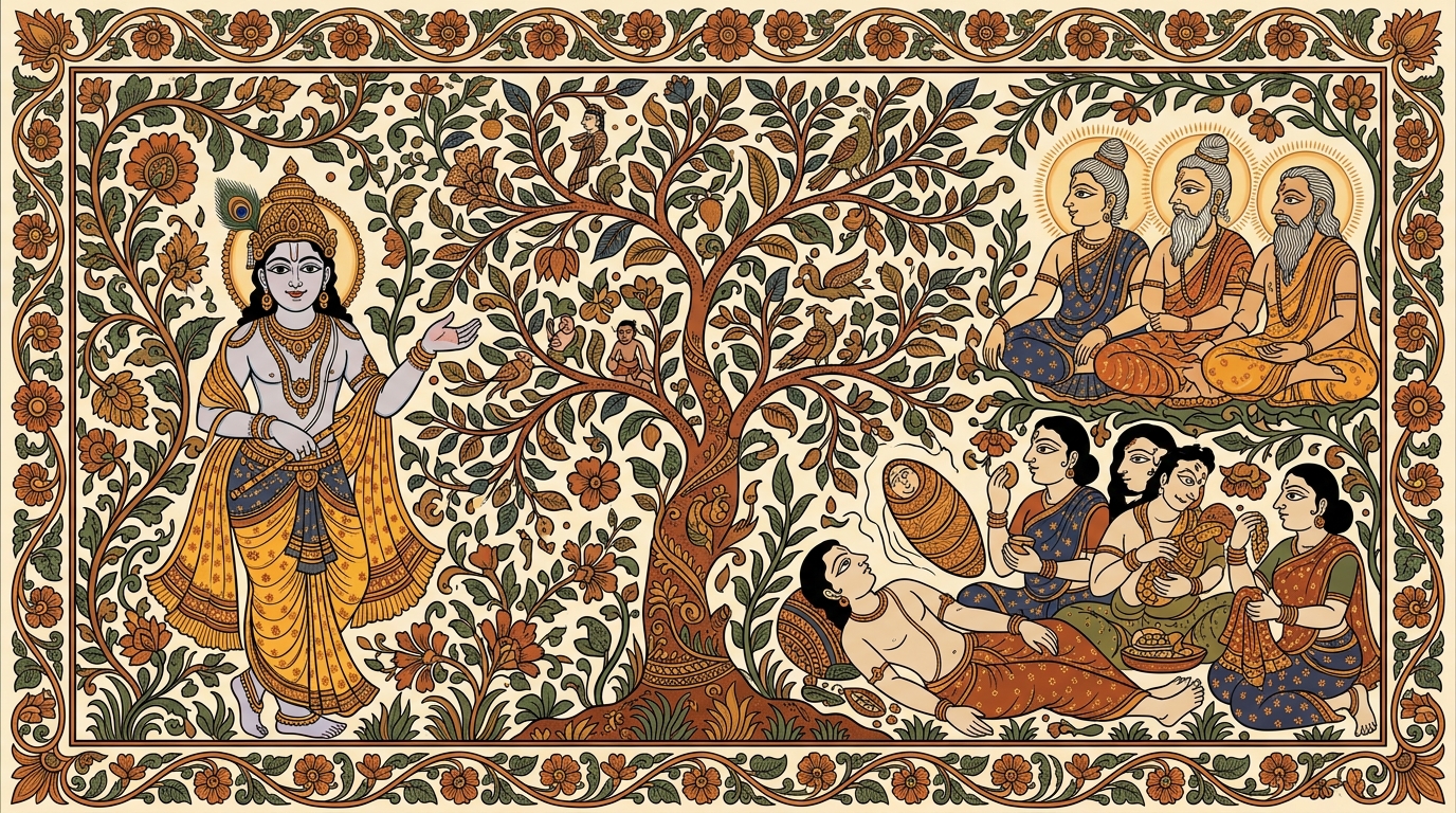 Kalamkari-style painting of two sages sitting by a river at the moment between night and morning, debating — one sees the soul departing a body while the other cannot, illustrating the eye of knowledge.