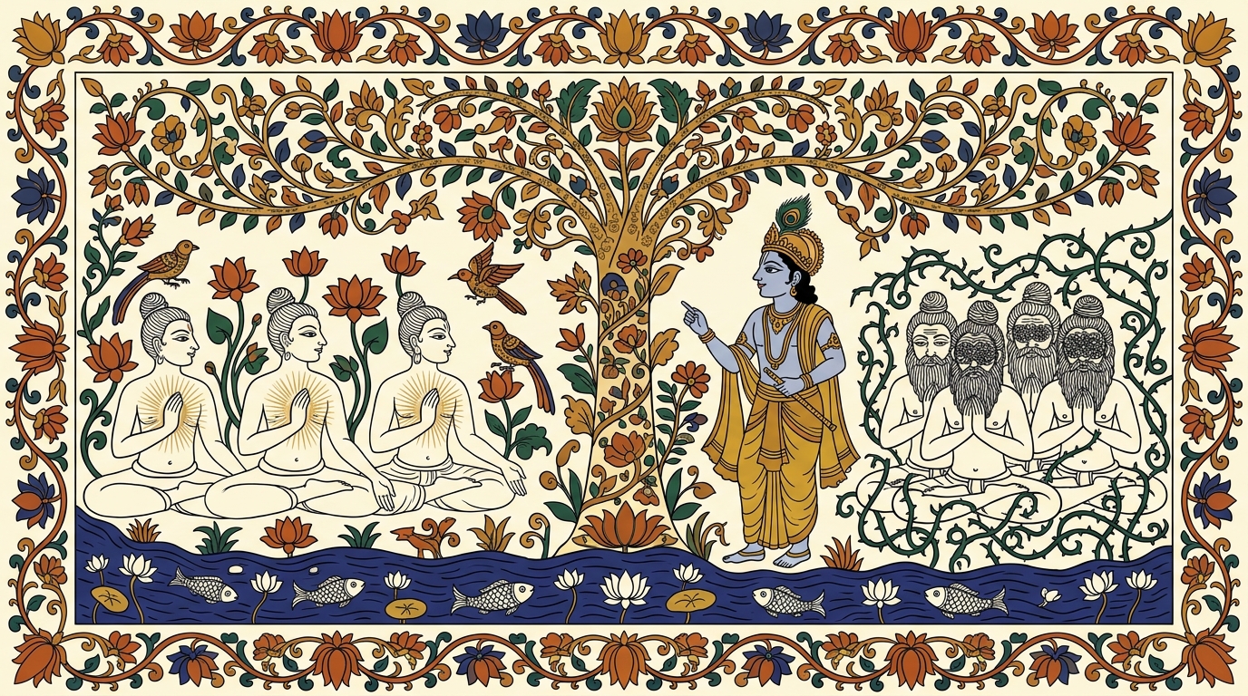 Kalamkari-style painting of a quiet morning when the river goes still, illustrating how yogis who purify their minds can see the soul shining within, while the undisciplined cannot.