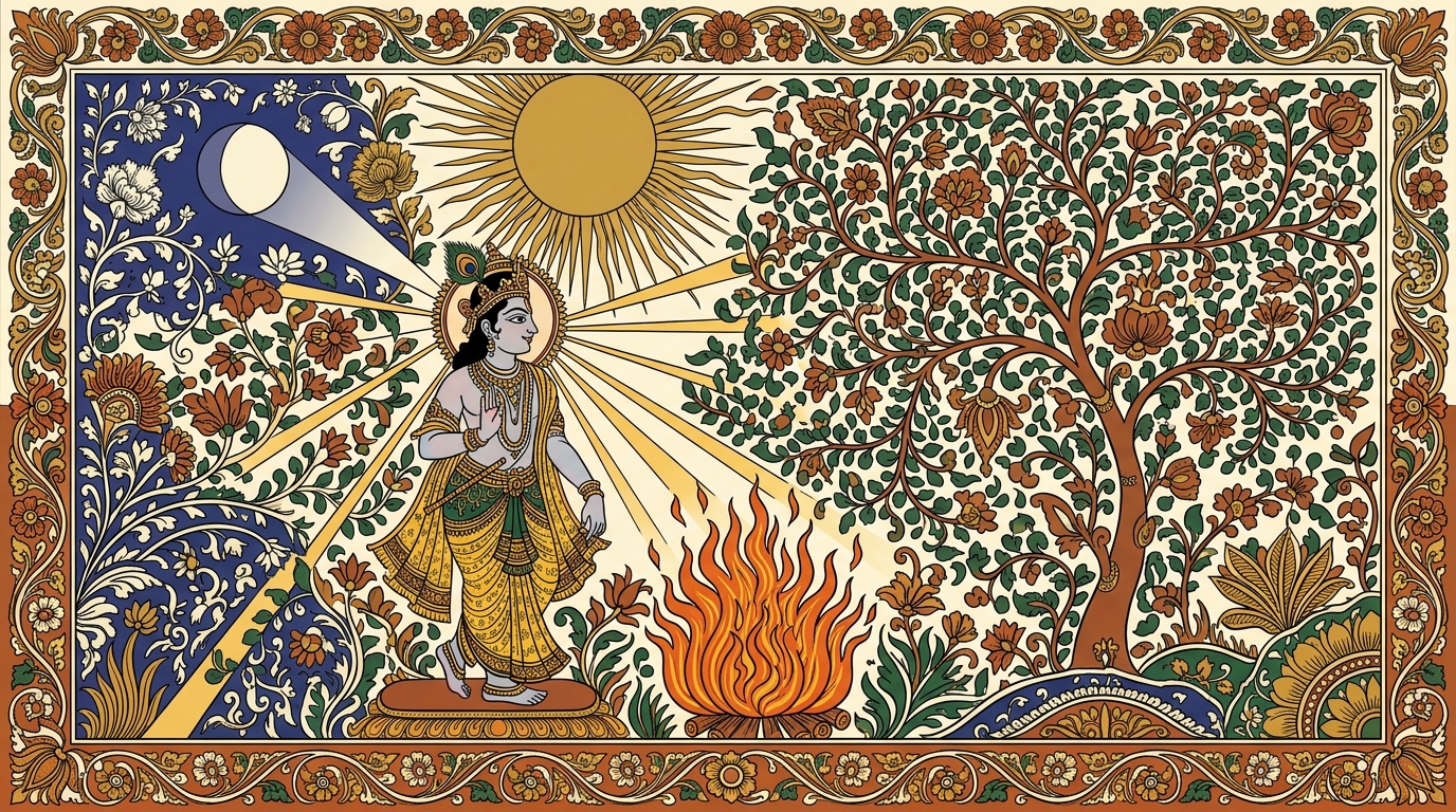 Kalamkari-style painting of three lights in a single day — the brilliant sun, the soft moon, and the dancing fire — all revealed as coming from Krishna's own radiance.