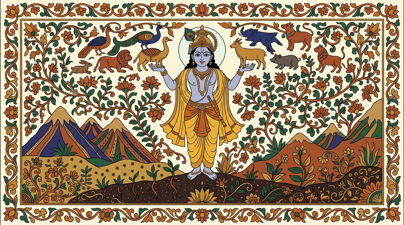 Kalamkari-style painting of a grandmother and granddaughter kneeling in a garden watching a tiny shoot push through the soil, illustrating how Krishna enters the earth and nourishes every plant.