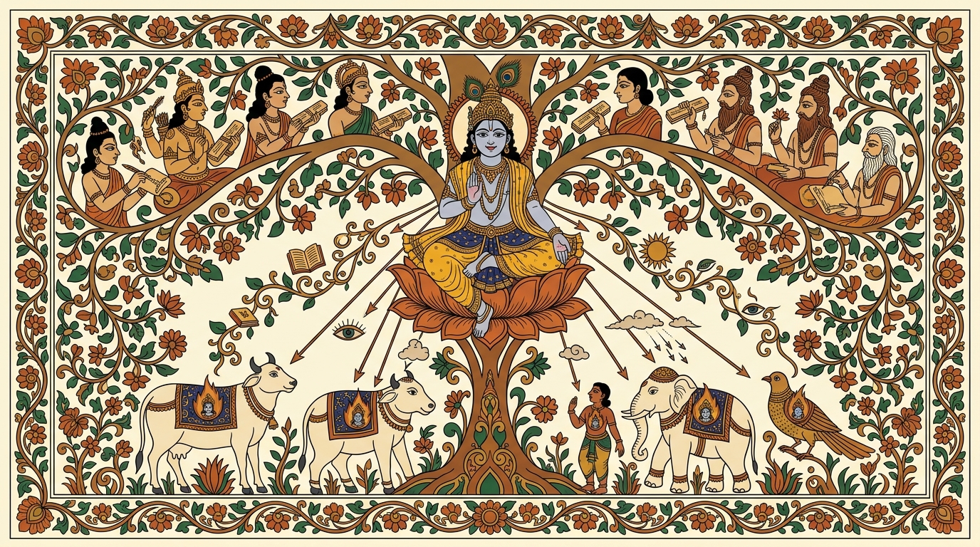 Kalamkari-style painting of the battlefield falling quiet between one teaching and the next, as Krishna reveals he sits in the heart of every being, the source of memory, knowledge, and even forgetfulness.