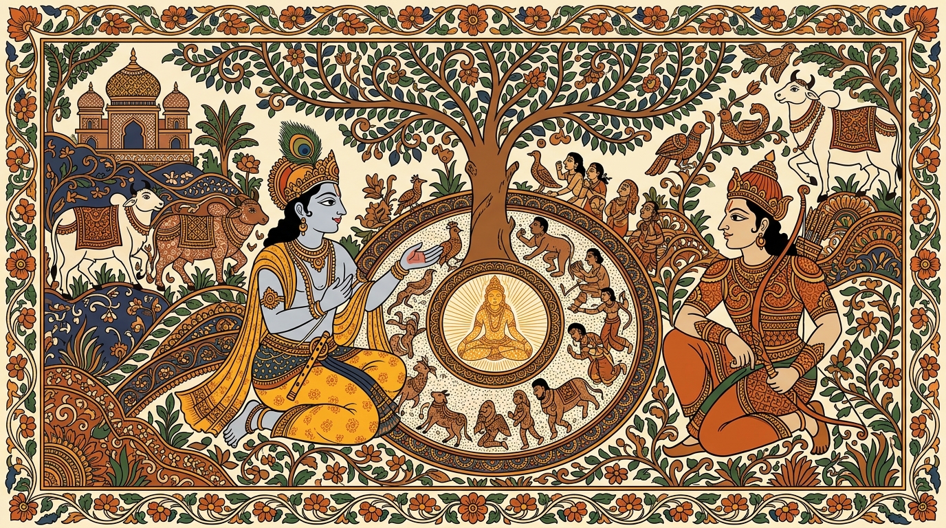 Kalamkari-style painting of Krishna drawing two circles in the dust before sunrise, illustrating the two kinds of beings — the perishable body that changes and the imperishable soul that watches.