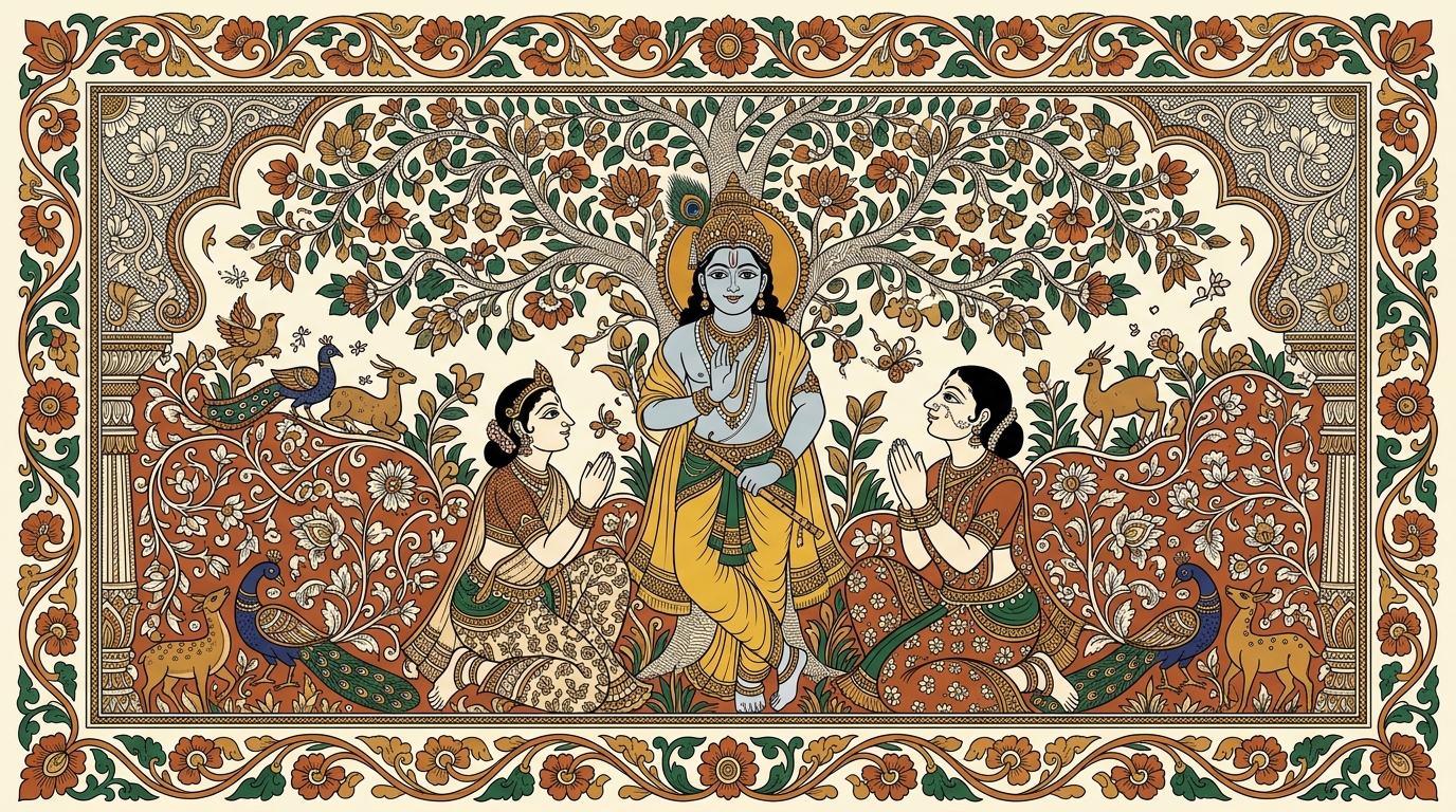 Kalamkari-style painting of Arjuna's eyes filling with tears that are not grief but understanding, as he finally sees Krishna clearly as the Supreme Person and worships with his whole being.