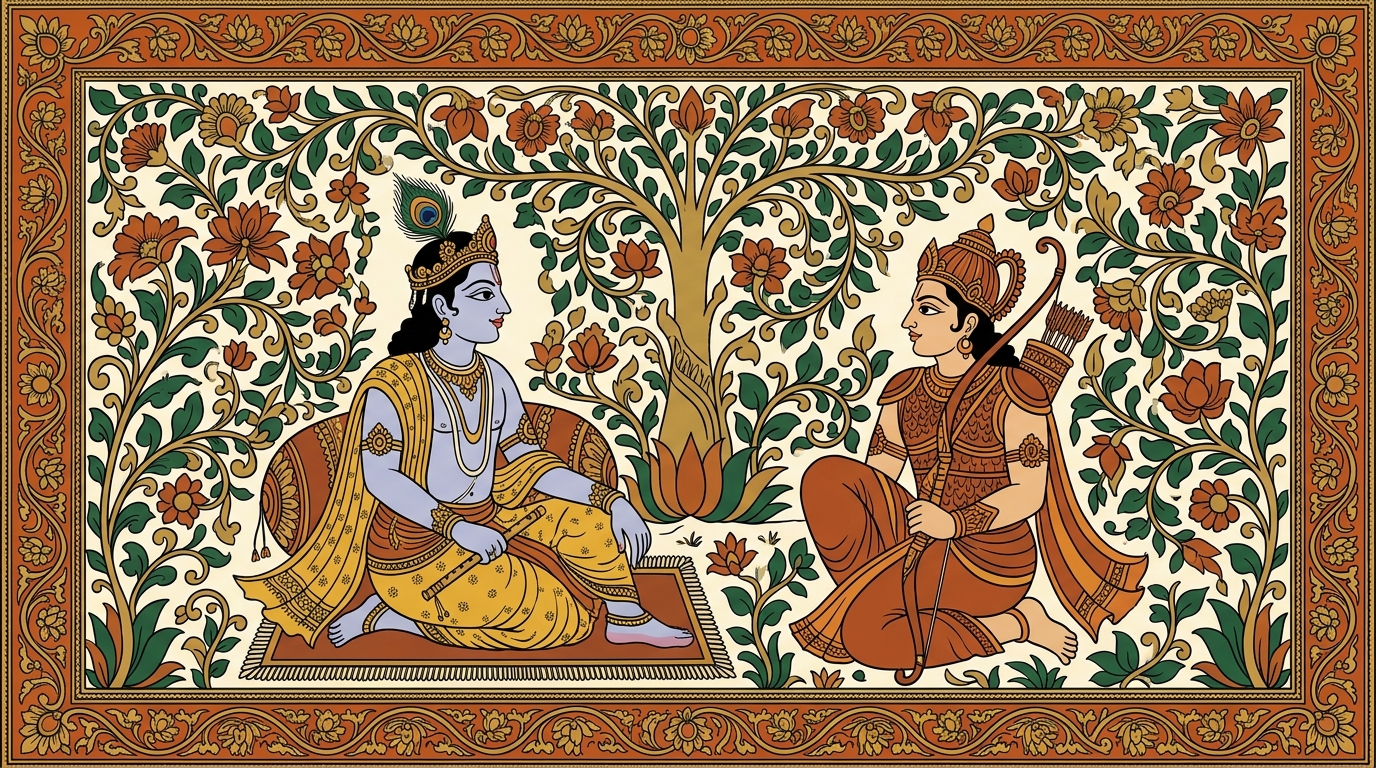 Kalamkari-style painting of Krishna falling silent as the world comes back around them, a single lamp glowing in a dark room — illustrating the most secret teaching that brings wisdom and fulfilment.